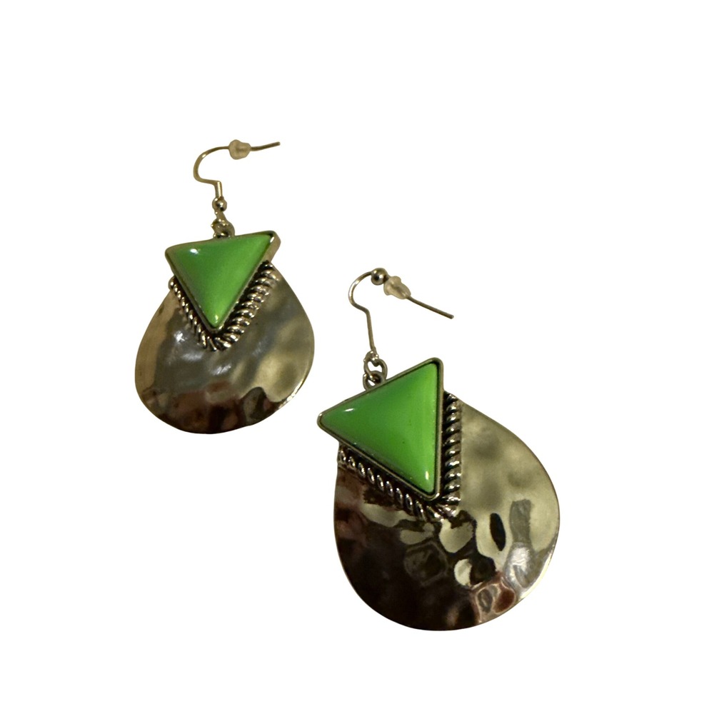 Silver Tone Hammered Teardrop Earrings with Lime Green Triangle Inlay Boho